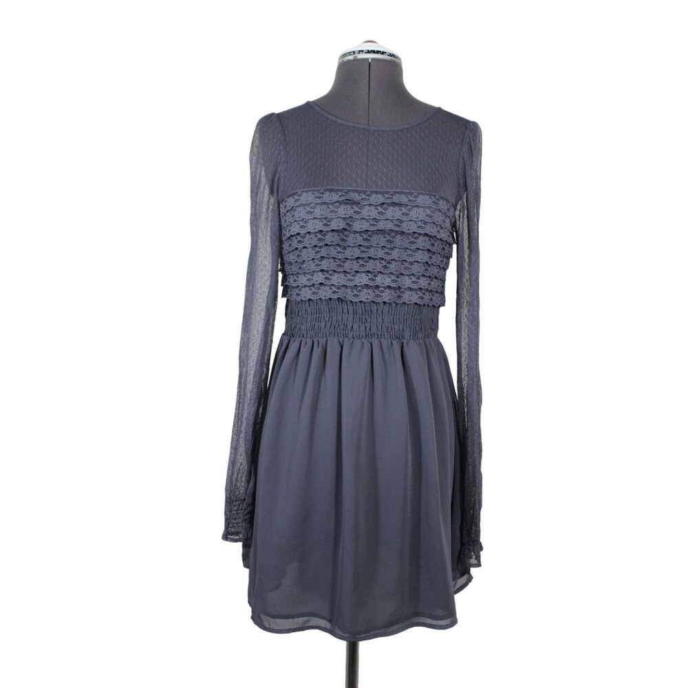 Free People women's gray smocked waist long sleeve lace mini dress 4